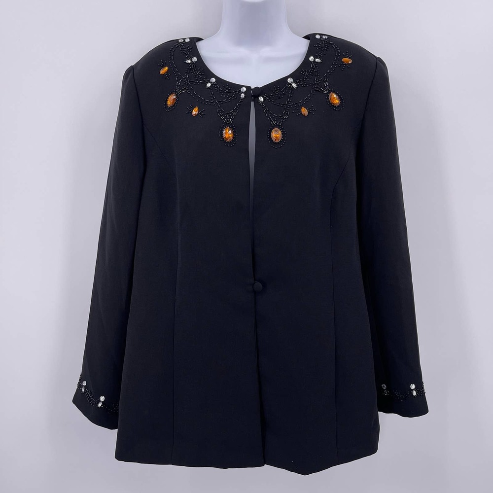 Black Beaded Blazer Maxie Klein Sz 16 Business Formal Shoulder Pads Lined Jacket
